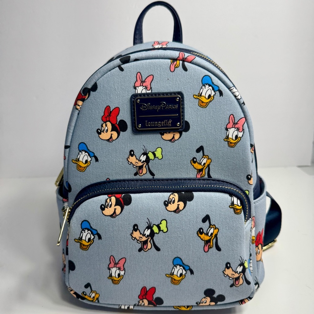 NWT. Disney Parks Loungefly Mickey and Friends Denim-style Mini Backpack bag